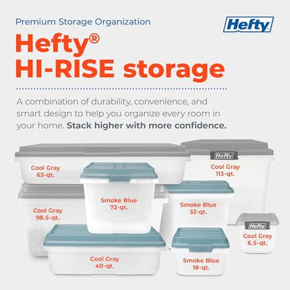 Hefty HI-RISE Stackable Storage Bins - Under Bed Storage Containers with Lids, Shoe Organizer, Plastic Storage Bins, Clear Shoe Boxes with XL Lid-Locking Latches, Durable Double Rim - 72qt (6 Pack) - size: 72 Qt - 6 Pack