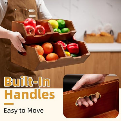 HYPIGO Large Capacity Potato and Onion Storage Bins | Stackable Wood Pantry Storage Baskets, Kitchen Pantry Organizers for Vegetables, Bread, Spices, Set of 3