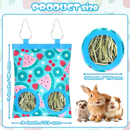 3 Pack Rabbits Hay Feeder Bag, 2 Holes Hanging Bunny Hay Feeder Guinea Pig Feeding Bag Storage Dispenser for Bunny Rabbits Chinchillas Hamsters Small Pets and Animals - color: Blue Green Yellow