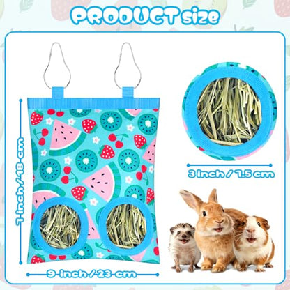 3 Pack Rabbits Hay Feeder Bag, 2 Holes Hanging Bunny Hay Feeder Guinea Pig Feeding Bag Storage Dispenser for Bunny Rabbits Chinchillas Hamsters Small Pets and Animals - color: Blue Green Yellow