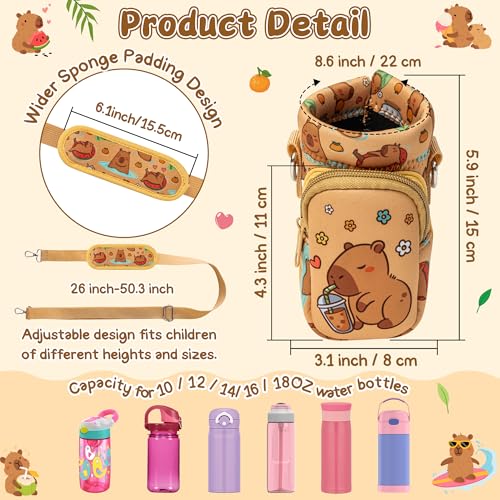Water Bottle Carrier Bag with Strap for Kids - Water Bottle Bag Holder with Padded Strap Pocket 10/12/14/16/18Oz for Boys Girls School Walking Hiking Camping - style: Capy