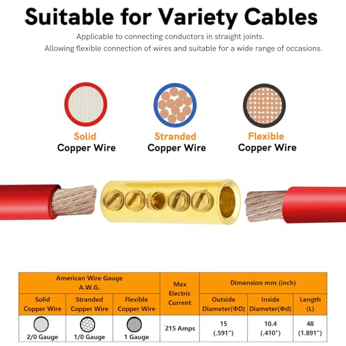 0 Gauge Wire Butt Connectors 6 PCS Brass Mechanical Butt Splice Connectors Kit 1/0 AWG Mechanical Repair Splice Kit Splice Screw Sleeves 6 PCS Mechanical Splices & 3:1 Heat Shrink Tubes - size: 0 (1/0) Gauge, style: Mechanical Splice - Bare Pure Brass