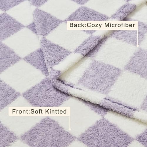 EMME Checkered Blanket Twin Size - 60"x80" Lavender Knit Blanket Soft Fluffy Patterned Throw Blankets for Couch, Sofa, Chair, Bed, Camping, Picnic, Travel - color: 24-checkered Lavender, size: Twin