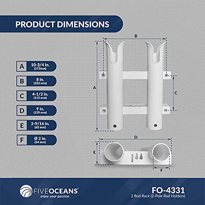 Five Oceans Wall Mounted Fishing Rod Holders Tubes - 2-Pole Fishing Rod Holder Rack - UV-Resistant ABS Plastic, White, Mounting Hardware Included - FO4331