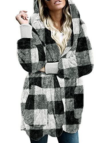 Dokotoo Womens 2025 Winter Long Sleeve Solid Fuzzy Fleece Open Front Hooded Cardigans Jacket Coats Outerwear with Pocket - color: A Plaid Black 2, size: Medium