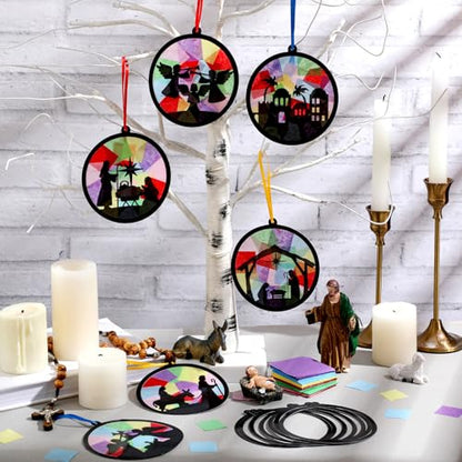 AmazingSpark 30 Pcs Nativity Ornaments Craft Kits, Suncatchers DIY Xmas | Birth of Jesus Stained Glass Tissue Art, Christian Religious Education, Church Classroom Party Activities Bulk Set - style: Christmas Nativity