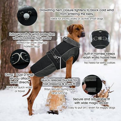 QBLEEV Warm Dog Jacket, Waterproof Dog Winter Coat with Harness - color: Black, size: X-Large