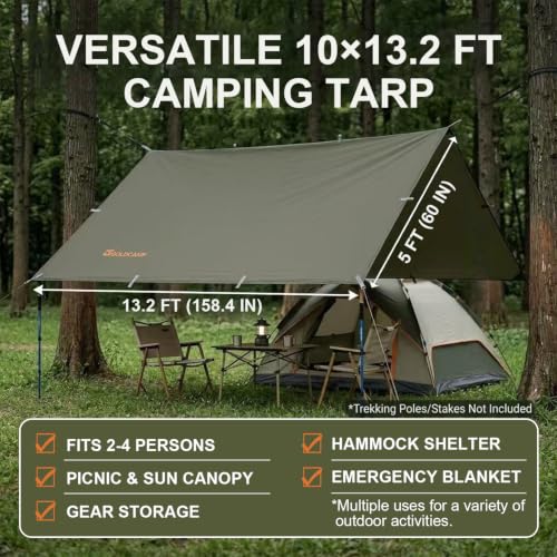 GOLDCAMP Bushcraft Emergency Camping Tarp，70D Nylon 10X13.2FT Hammock Rain Fly ，UV 50+ and PU15000mm Tent Tarp Shelter Canopy，Heavy Duty Multifunctional Sun Shade Essentials for Hiking (10X13.2ft) - size: 10X13.2FT
