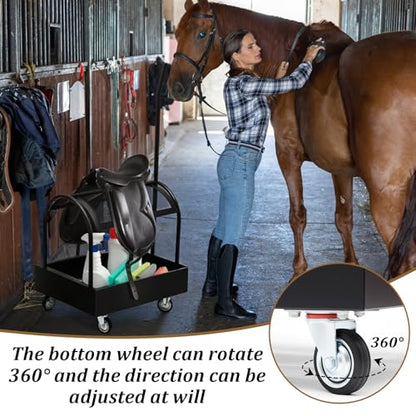 Metal Rolling Saddle Rack Cart with Basket Storage Box Built-in Grooming Organizer Fits Western English Saddles 360° Swivel Wheels Heavy Duty Caster for Tack Room, Bridle, Horse Lovers, Cowboy