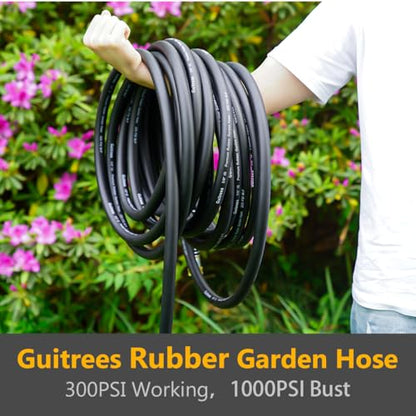 Guitrees Garden Hose 100FT x 3/4”, Heavy Duty Rubber Hose, Water Hose with Five-Layered Braiding, Male Female Fittings, 1000PSI Burst, 300PSI Working (Black) - color: Black, size: 3/4 100FT Male to Female