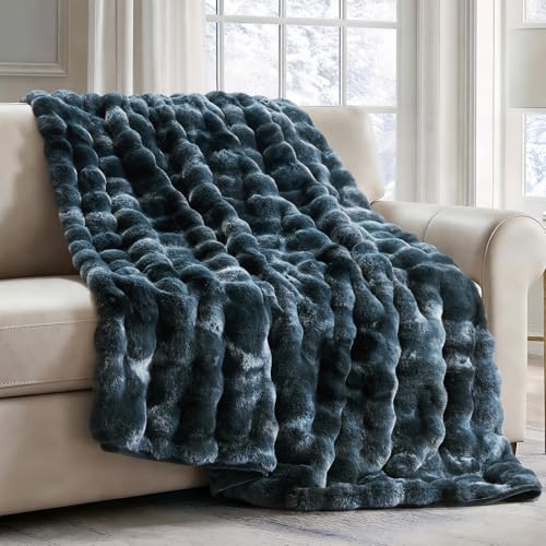 EverGrace Faux Rabbit Fur Bubble Throw Blanket, 50"x60", Marble Deep Indigo - color: Deep Indigo Marble, size: 50"x60"