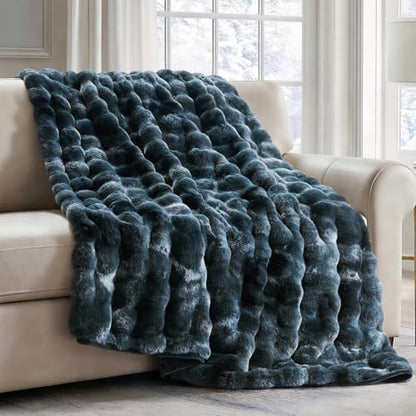 EverGrace Faux Rabbit Fur Bubble Throw Blanket, 60"x80", Marble Deep Indigo - color: Deep Indigo Marble, size: 60"x80"