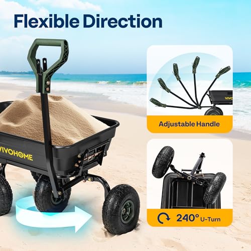 VIVOHOME 660lbs Wheelbarrow Dump Garden Cart with 2-in-1 Convertible Handle | Attach to ATV or Tractor, 10" All Terrain Wheels, Heavy Duty Utility Trailer for Yard - color: Green