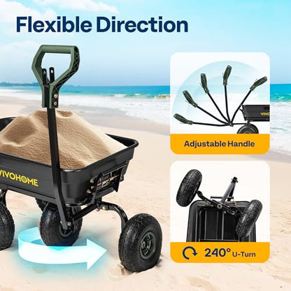 VIVOHOME 660lbs Wheelbarrow Dump Garden Cart with 2-in-1 Convertible Handle | Attach to ATV or Tractor, 10" All Terrain Wheels, Heavy Duty Utility Trailer for Yard - color: Green