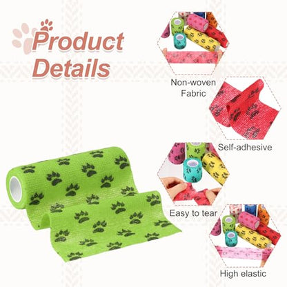 Pet Wrap Bandages, 6 Inch 5 Yard Self Adhesive Bandage Wrap, Pet Non-Woven Tape First Aid Cohesive Gauze, (Grass Green/Paw, 2 Pcs), Intended for Dog/Cat/Bird/Legs/Paws/Wound - color: Grass Green, size: 6 inch