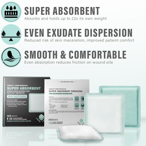 EVERLIT CARE EquiFlow Super Absorbent Dressing for Heavily Exuding Wound | Fast-Absorbing Non-Adhesive Polymer Dressing with Nonstick Gauze Pad | High Absorption & Retention | Pack of 10 (4" x 4") - size: 4" x 4"