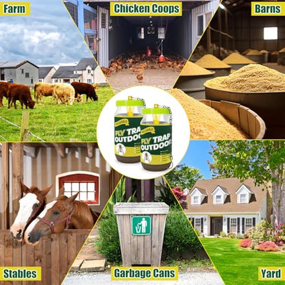 3 Reusable Fly Traps Outdoor Bottles, Fly Killer Catcher Jar with 6 Bait | Flies Bug Insect Trap Control Outdoor Hanging for Outside Barns, Stable, Farm, Patio, with Natural Bait Refills Lure - size: 3 pack2
