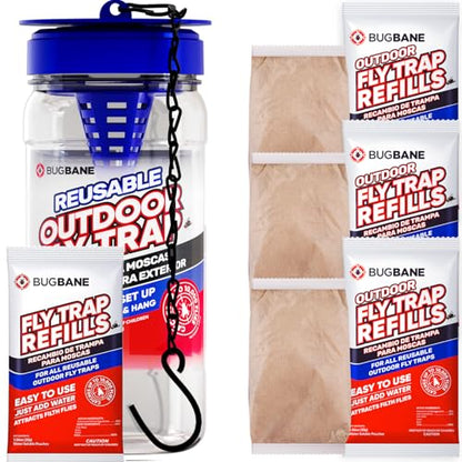 1 Reusable Outdoor Fly Trap with Chains with 5 Non-Toxic Dissolvable Bait Refills