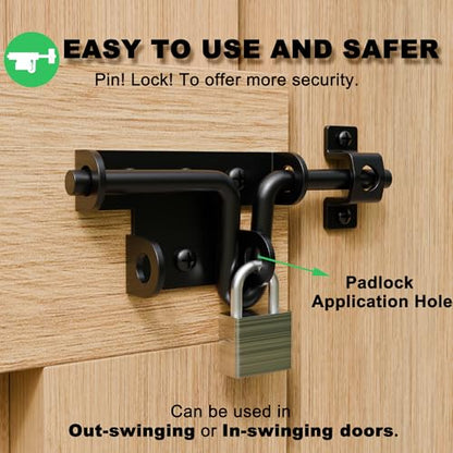Heavy Duty Slide Bolt Gate Latch for Wooden Fence, 2 Way Barn Door Latch with Padlock Hole, Offset and Flush Mounted Gate Latch for Outdoor Gates/Yard Fence/Shed Door, Black, 1 Pack