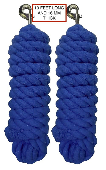 Majestic Ally Pack of 2 Solid Cotton Lead Rope for Horses & Livestock – 10 Foot Long and 5/8 inch (16MM) Thick - Replaceable Heavy-Duty Satin Bolt Snap – Handmade – Soft, Broken in Feel (Royal Blue) - color: ROYAL BLUE