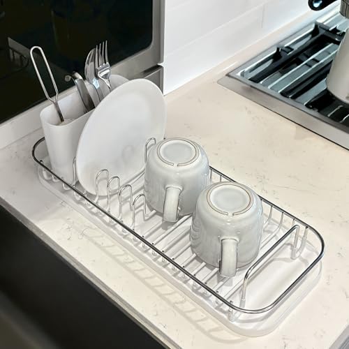 SunnyPoint 304 Stainless Steel NeverRust Compact Dish Drying Rack with Utensil Holder & Removable Drain Tray, Rustproof Small Dish Rack for Kitchen Countertop or Over Sink (Metallic Silver, Compact) - color: Metallic Silver