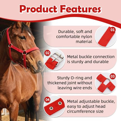 Adjustable Nylon Horse Halter & Matching Lead Set for Horses - color: RED