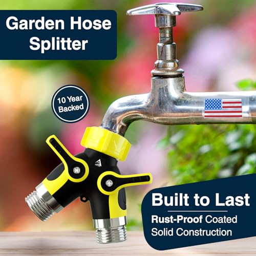 DBR Tech® Hose Splitter 2 Way, Heavy Duty Metal Connector, Two Way Garden Hose Splitter, High Flow Spigot Faucet Bib Adapter, Solid Double Y Shut Off Valve for Outdoor Gardening Hoses, Yellow - color: Yellow