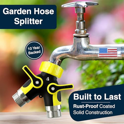 DBR Tech® Hose Splitter 2 Way, Heavy Duty Metal Connector, Two Way Garden Hose Splitter, High Flow Spigot Faucet Bib Adapter, Solid Double Y Shut Off Valve for Outdoor Gardening Hoses, Yellow - color: Yellow