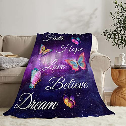Butterfly Blanket Soft Warm Purple Butterfly Throw Blanket Plush Fluffy Lightweight Cozy Fleece Flannel Girls Gift Blankets for Women Kids Adults Bedding Couch Sofa 80"X60" - color: Faith Hope, size: 80"x60"