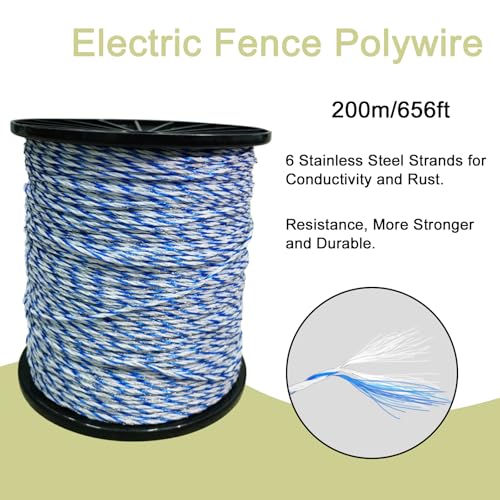 Electric Fence Wire, 656 Feet 200 Meters with 6 Stainless Strands, Good Rust Resistance and Conductive Poly Wire for Farm Fencing, Hot Wire Fence, Portable Livestock Fencing, Poly Wire Rope Line - size: 656FT/200M