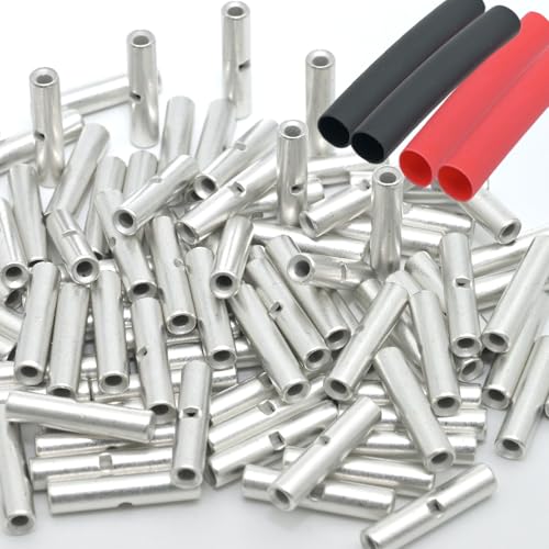 SVAAR 100PCS 22-16 Gauge Non Insulated Butt Connectors 22-16 AWG Uninsulated Butt Splices Tinned Copper Marine Grade Seamless Barrel Crimp Butt Splice Terminals & 100PCS 3:1 Adhesive Lined Heat Shrink - size: 22-16 AWG