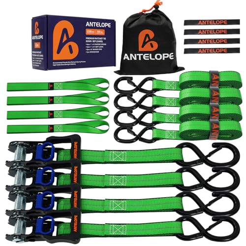 A ANTELOPE 4 Pack 1" x 15' Ratchet Tie Down Straps with S Hooks, Green - color: Green, size: 4PK-1 in