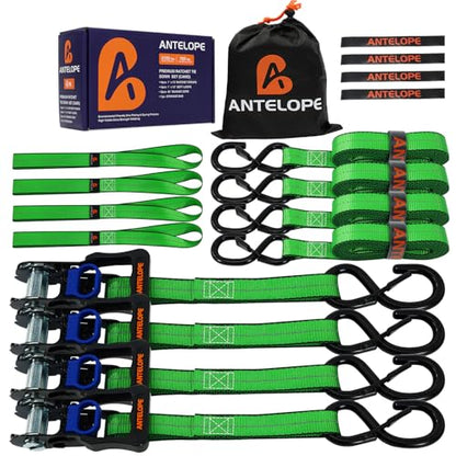 A ANTELOPE 4 Pack 1" x 15' Ratchet Tie Down Straps with S Hooks, Green - color: Green, size: 4PK-1 in