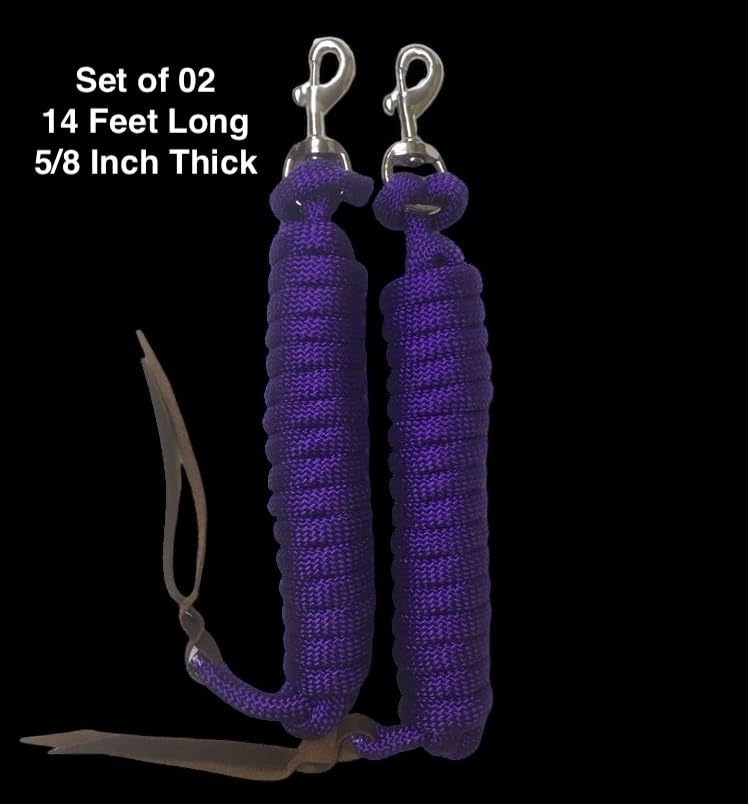 Majestic Ally 14' Pack of 2 Poly Training Lead Rope with Leather Popper for Horses & Livestock – 14 Foot Long and 5/8 inch Thick - Replaceable Heavy-Duty Bolt Snap (Purple) - color: Purple