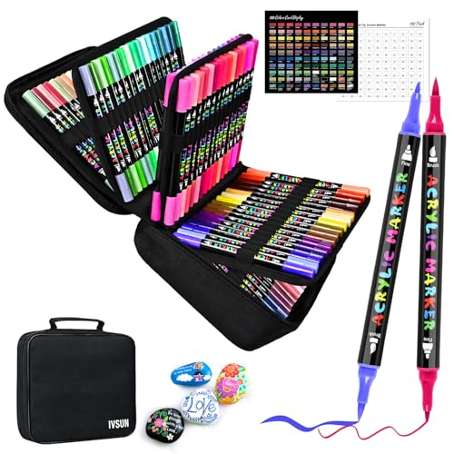 IVSUN 100 Colors Acrylic Paint Pens, Water-Based Dual Tip Paint Markers | Fine & brush tips, ready to use, includes portable carrying case, works on rock, wood, canvas, ceramic, glass and metal. - color: 100 Colors