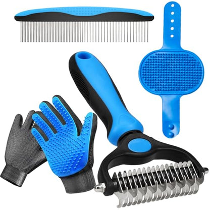 NVNAN 5-Piece Pet Grooming Kit with Deshedding Rake for dogs and cats | Includes gloves, bath brush, fine tooth comb, and deshedding rake for brushing, bathing, detangling and loose fur removal - color: Grooming Rake Set