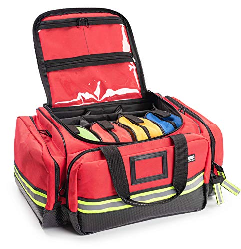 Scherber Fully-Stocked First Responder Professional Advanced EMT/EMS Trauma Kit | HSA/FSA Approved | Reflective Bag w/10+ Compartments, Zippered Pockets & 250+ First Aid Supplies (Red) - color: Red