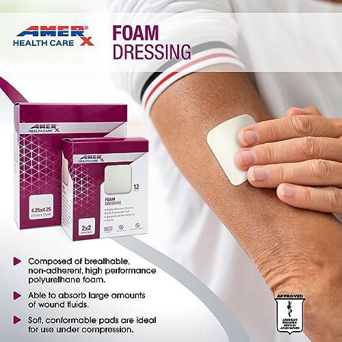 AMERX Foam Dressing - Wound Dressing Pads - Waterproof Barrier - Breathable, Self-Adhesive Border - 12 Count Per Box - size: 2" x 2" Pad