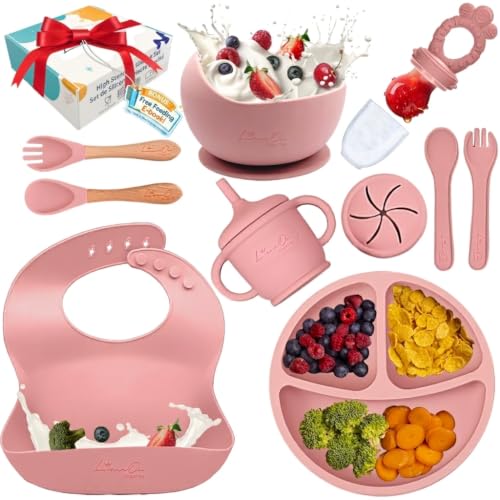 Silicone Baby Feeding Set, Suction Plates Bowls Bibs for Self Feeding –Pink | Baby Led Weaning Supplies, BPA-Free, Toddler Spoons Forks, Extra-Strong Suction, Empower Independence, Easy Clean - color: Pink