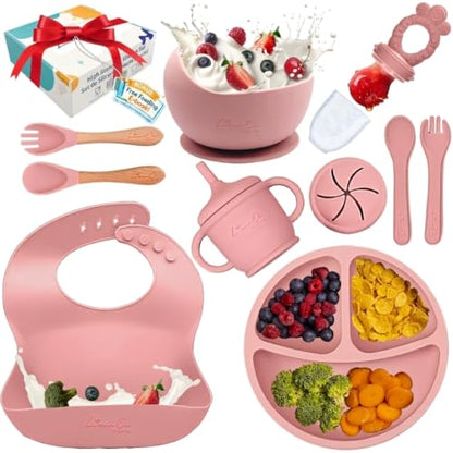 Silicone Baby Feeding Set, Suction Plates Bowls Bibs for Self Feeding –Pink | Baby Led Weaning Supplies, BPA-Free, Toddler Spoons Forks, Extra-Strong Suction, Empower Independence, Easy Clean - color: Pink