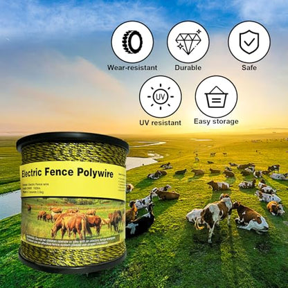 Electric Fence Polywire, 3366Ft/1026M, 1/8" Dia, Portable Wire | Upgraded polywire,Built with 6 stainless steel strands ,easy to roll up and carry for farm livestock fencing - size: 3366Ft/1026M