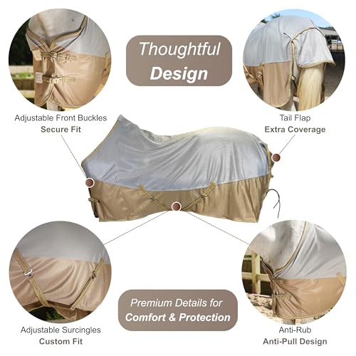 BARN & STABLE Breathable and UV Protective Tear-Resistant Mesh Horse Fly Sheet Comfy Equine Summer Sheet with Removable Web Leg Straps - color: Silver Gold, size: 69 in