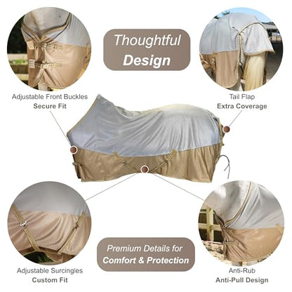 BARN & STABLE Breathable and UV Protective Tear-Resistant Mesh Horse Fly Sheet Comfy Equine Summer Sheet with Removable Web Leg Straps - color: Silver Gold, size: 69 in
