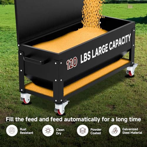 Automatic Metal Chicken Feeder,120lb Large Capacity Heavy Duty Gravity Chicken Feeder Box with Weatherproof Lid Brake Casters,Portable Chicken Feede No Waste Poultry Feeder for Ducks, Geese