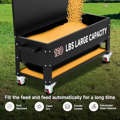 Automatic Metal Chicken Feeder,120lb Large Capacity Heavy Duty Gravity Chicken Feeder Box with Weatherproof Lid Brake Casters,Portable Chicken Feede No Waste Poultry Feeder for Ducks, Geese