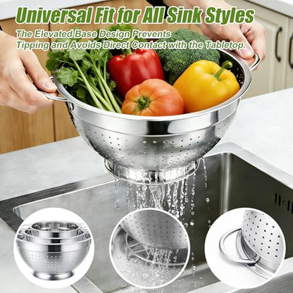 Palksky Stainless Steel Colander Set with Handles & Self-Draining Base, 3 Sizes (7”, 9”, 11”), Heavy Duty Pasta Strainer, Rice & Vegetable Strainer, Countertop Draining System - color: 3 Sizes Colander Set with Handles & Self-Draining Base