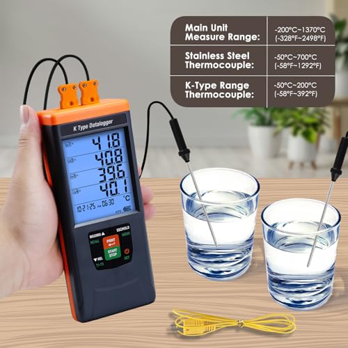 Digital Thermocouple Thermometer, 4 Channel Data Logger Thermometer with 48,000 Groups Data Records, -328~2498℉ Measuring Range Thermocouple Reader with Buzzer and Visible Alarm - color: Grey