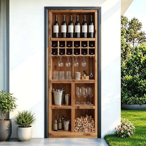 Wine Cellar Door Mural, Wooden Bottle Rack Bar Door Cover - color: Colorful2706