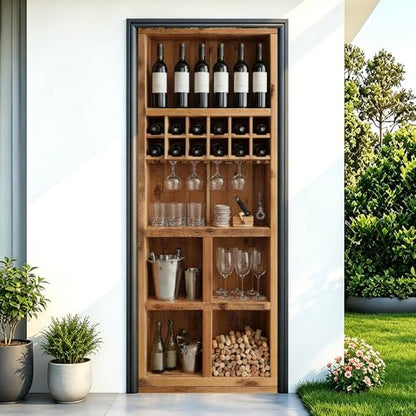 Wine Cellar Door Mural, Wooden Bottle Rack Bar Door Cover - color: Colorful2706