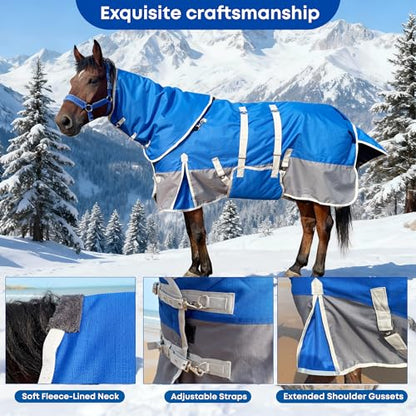 1200D Turnout Horse Blanket with Hood & Band, Medium Weight, Blue/Grey,78IN - color: Blue/Gray with Band, size: 78 IN